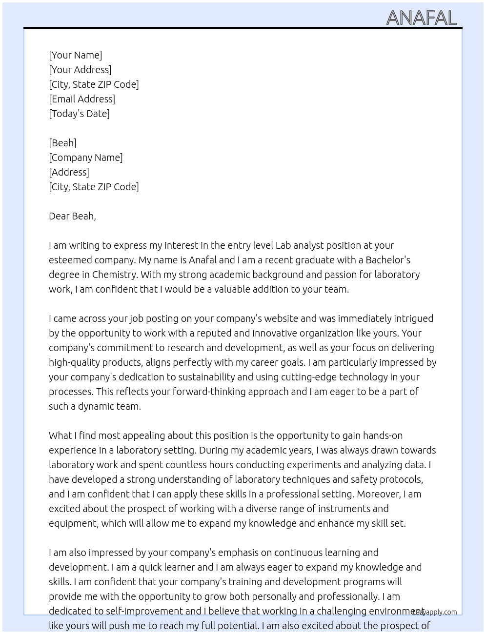 entry level Lab analyst At Beah Cover Letter