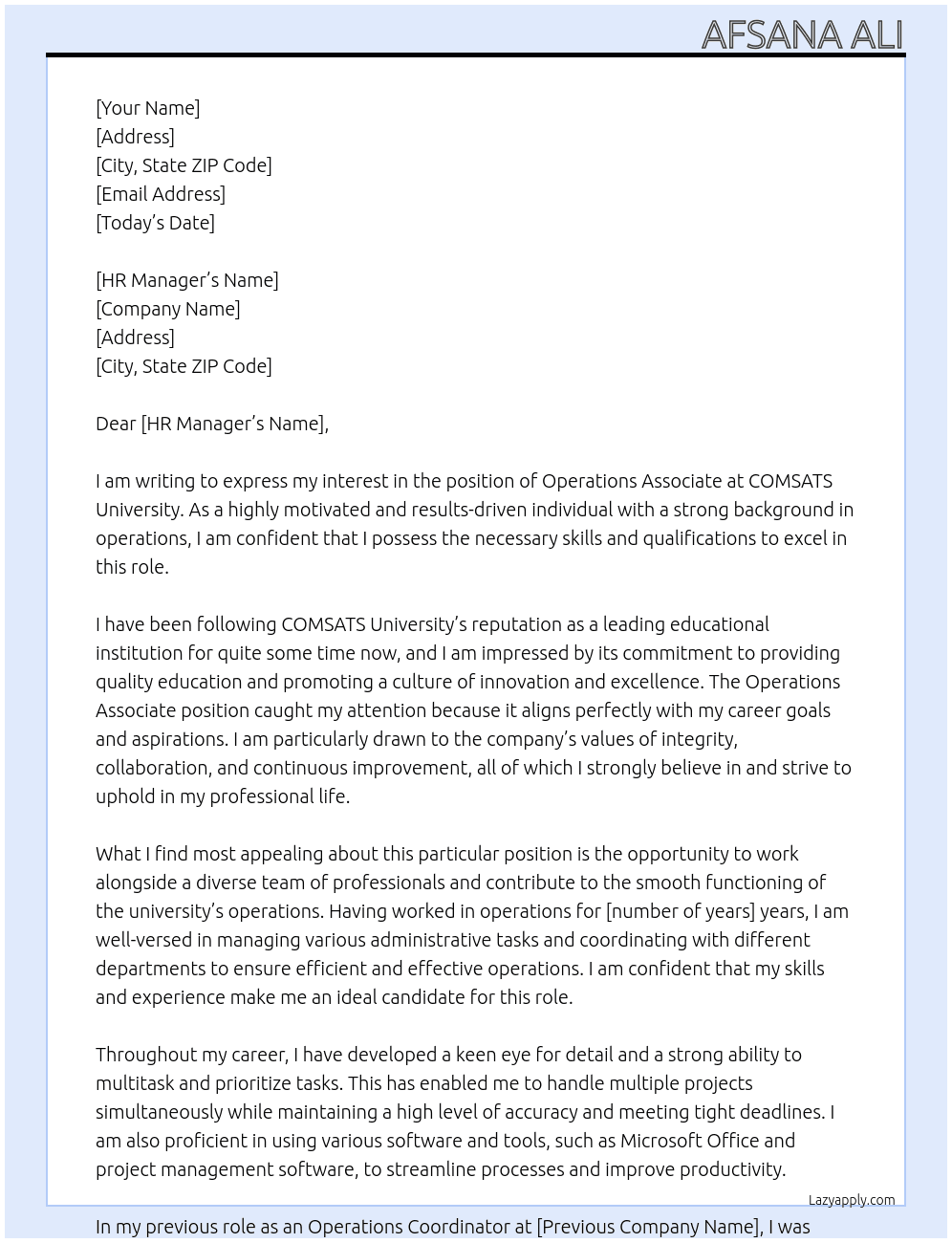 operations associate At COMSATS university Cover Letter