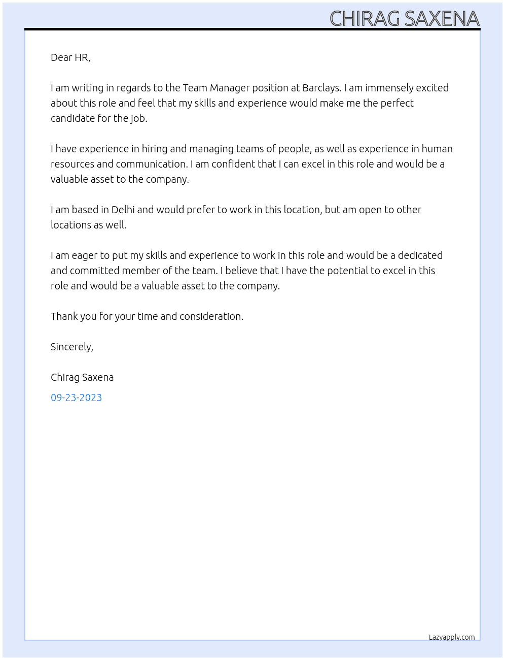 Team Manager At Barclays Cover Letter
