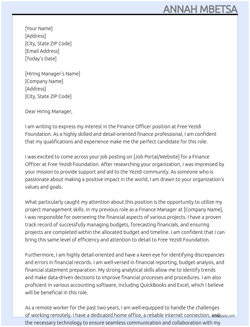 Finance Officer  At Free Yezidi Foundation Cover Letter