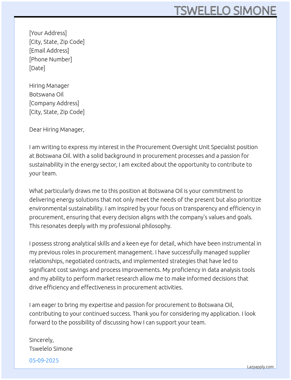 Procurement oversight unit specialist At Botswana Oil Cover Letter