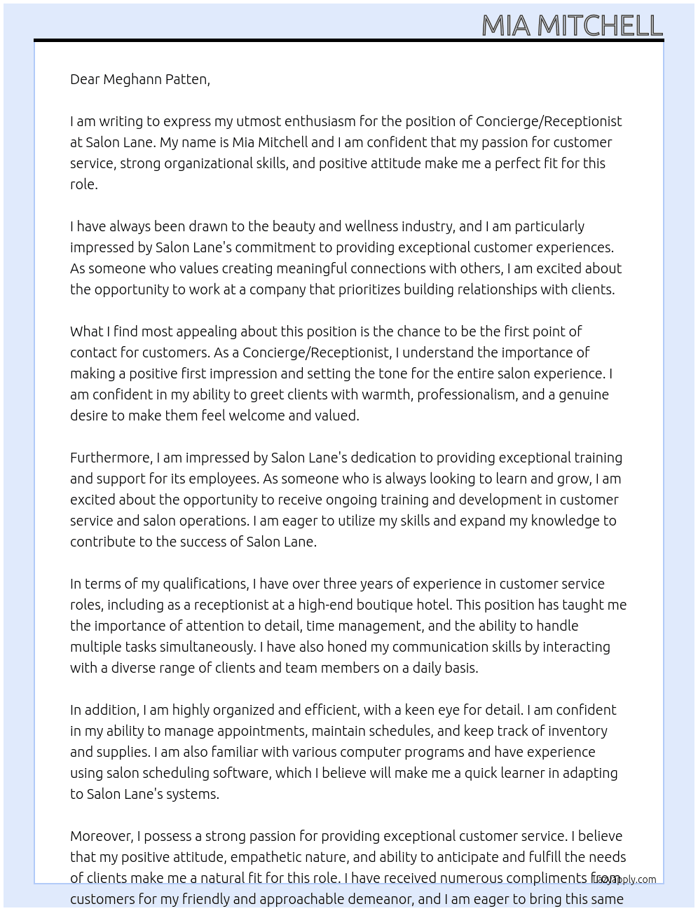 Concierge/Receptionist At Salon Lane Cover Letter