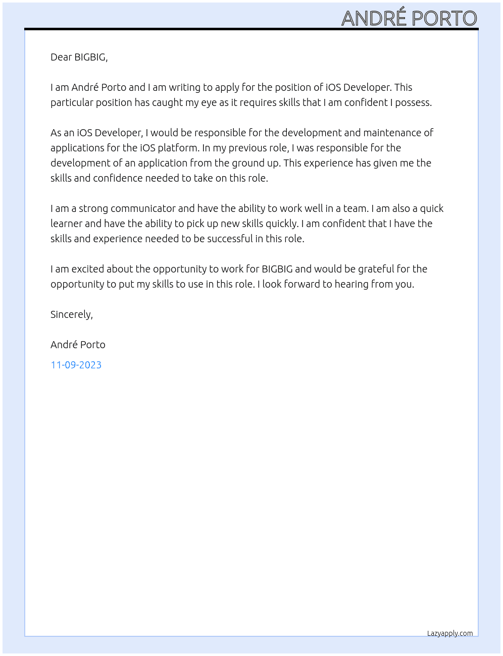 iOS Developer At BIGBIG Cover Letter