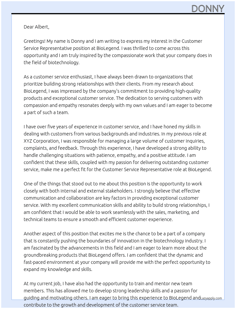 CUstomer Service Representative At BioLegend Cover Letter