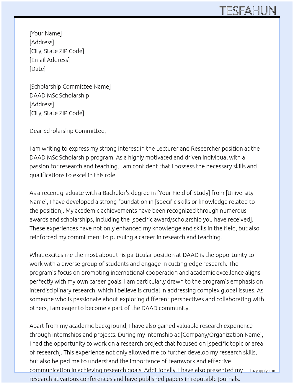 Lecturer and Researcher At DAAD MSc scholarship Cover Letter