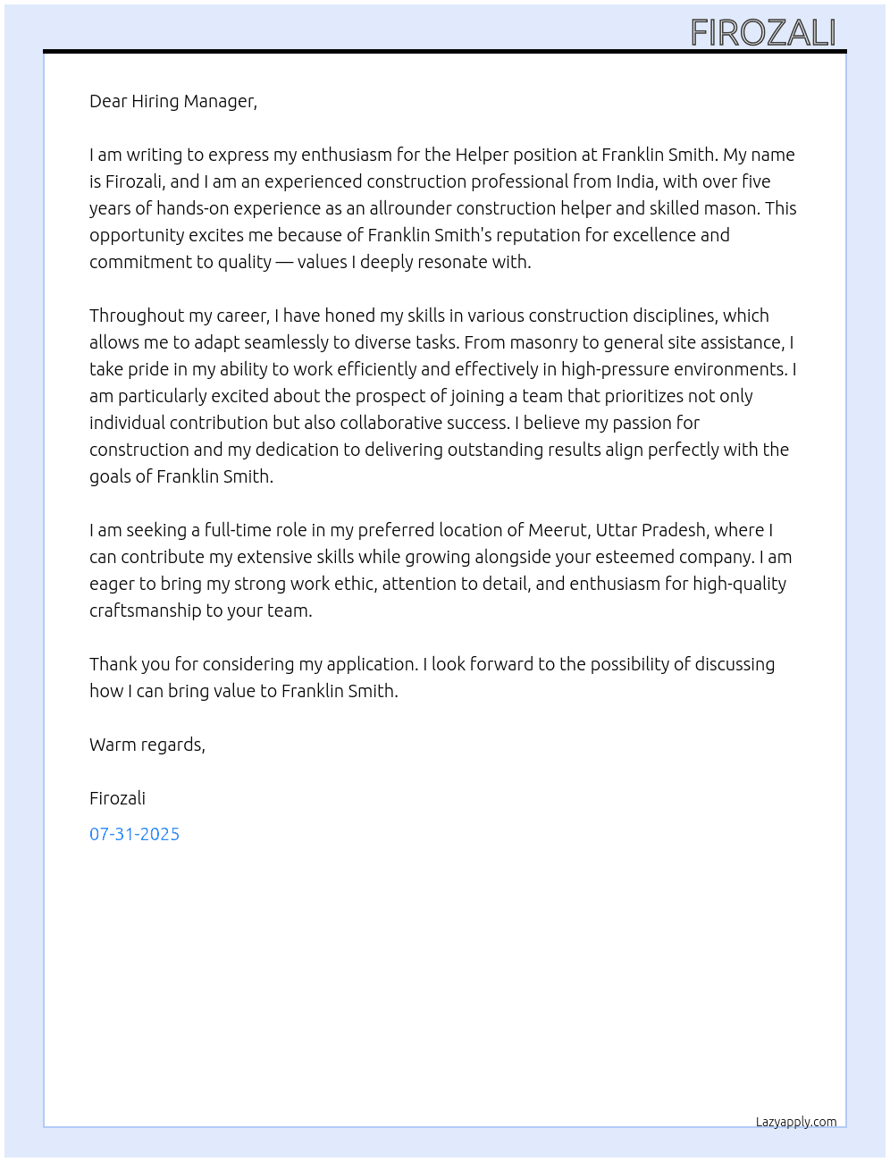 Helper  At Franklin smith. Cover Letter