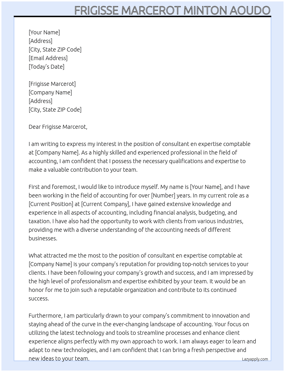 consultant en expertise comptable At FRIGISSE MARCEROT Cover Letter