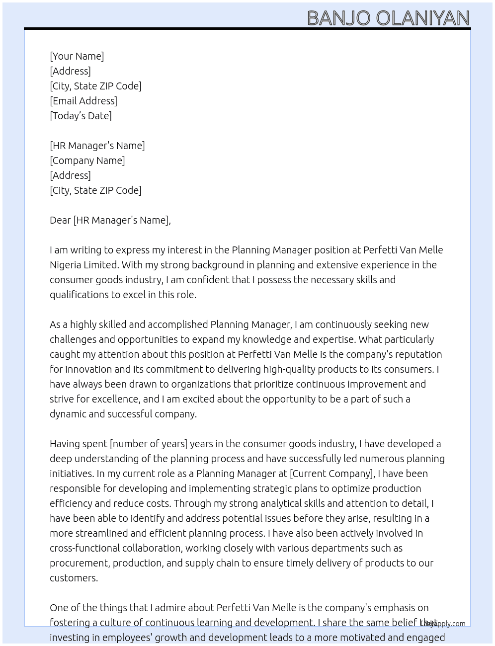 Planning Manager At Perfetti Van Melle Nigeria Limited Cover Letter