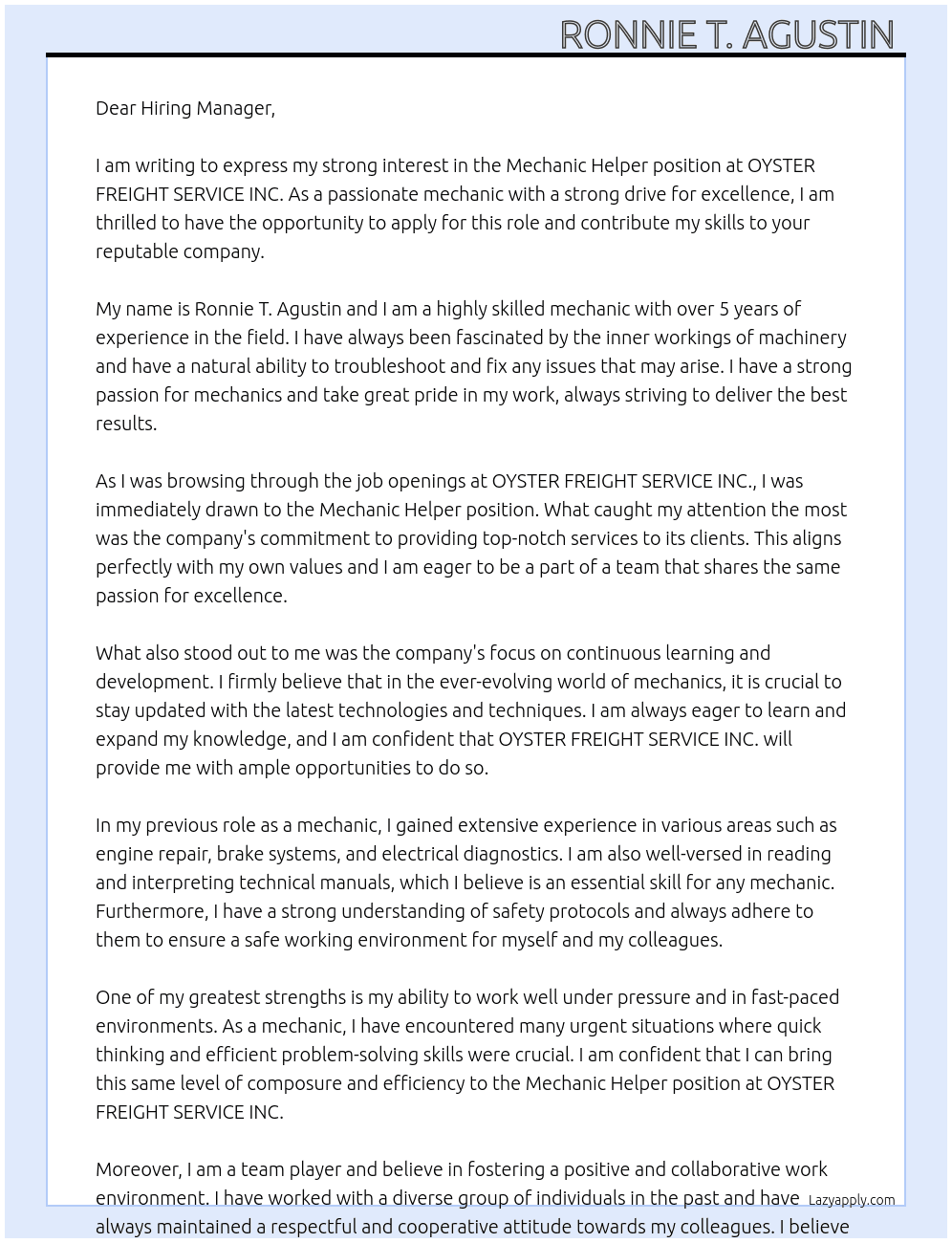 Mechanic Helper  At OYSTER FREIGHT SERVICE INC. Cover Letter