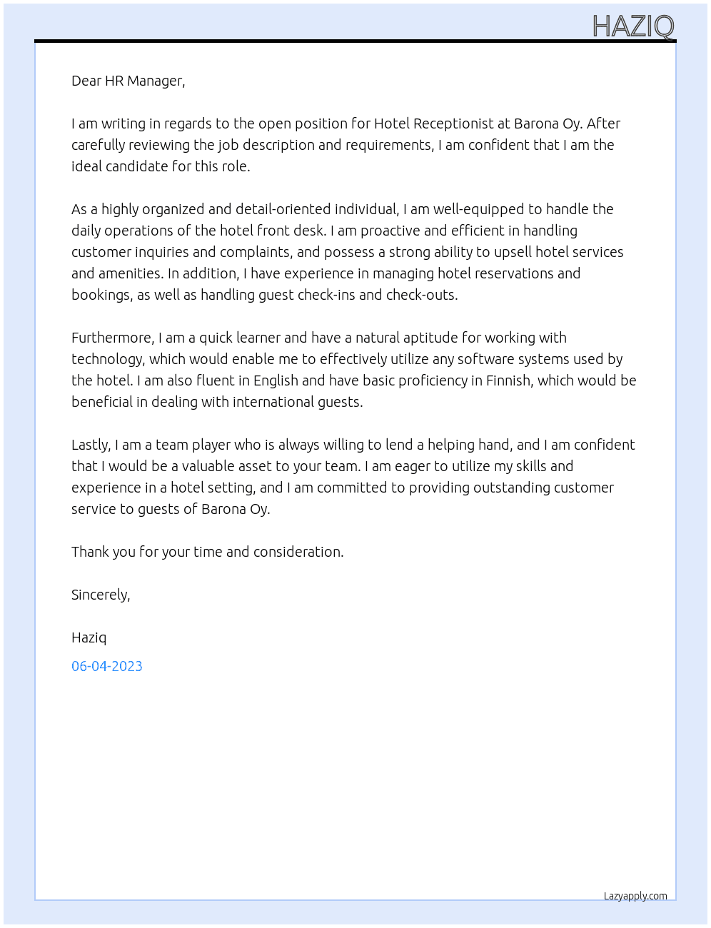 Hotel Receptionist At Barona Oy Cover Letter