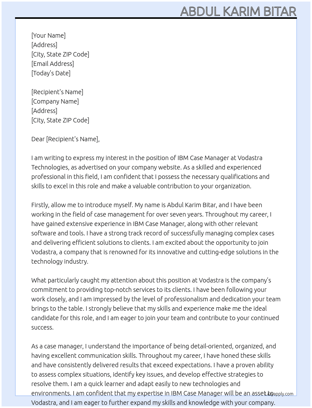 ibm case manager At Vodastra  Cover Letter