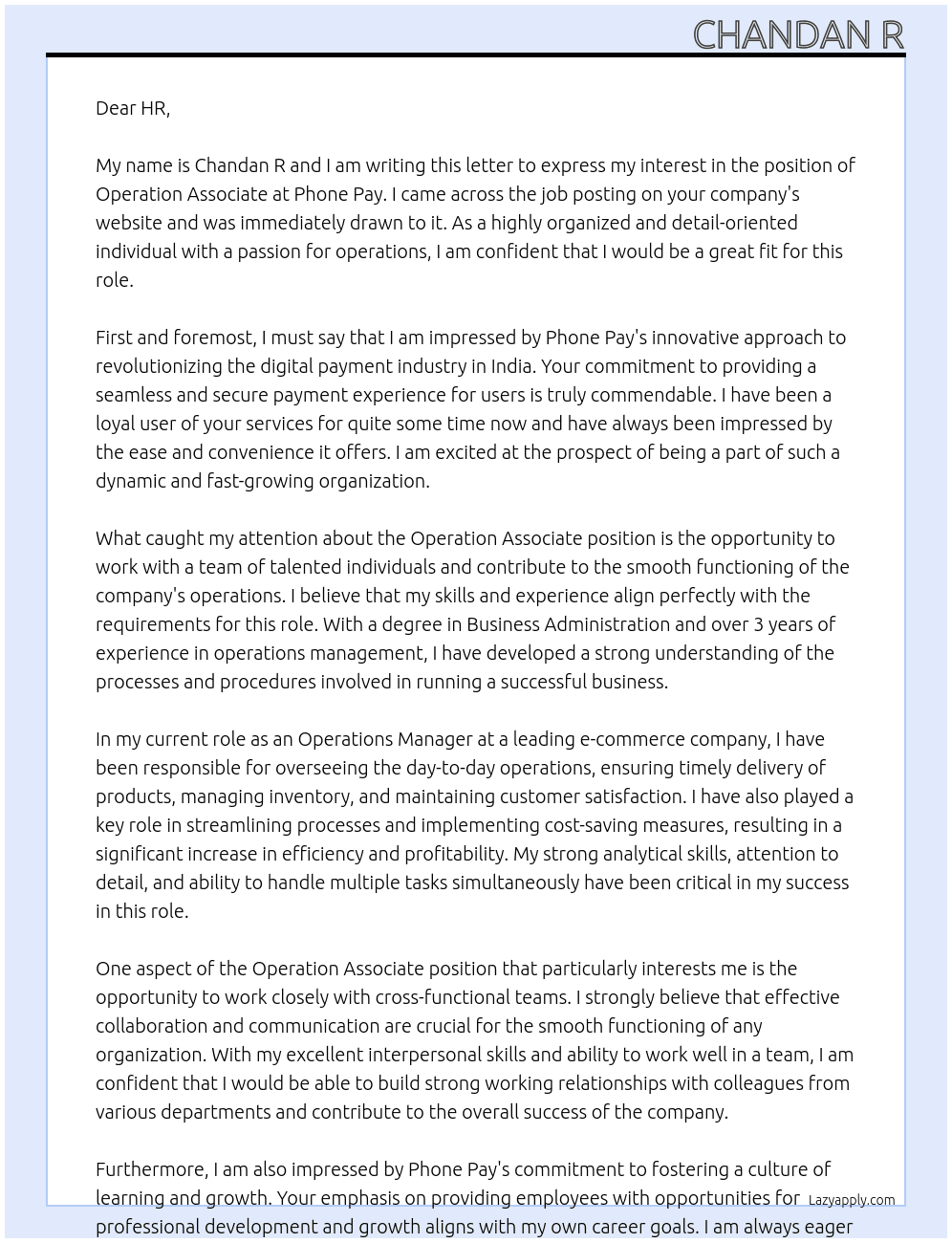 Operation Associate At Phone Pay Cover Letter