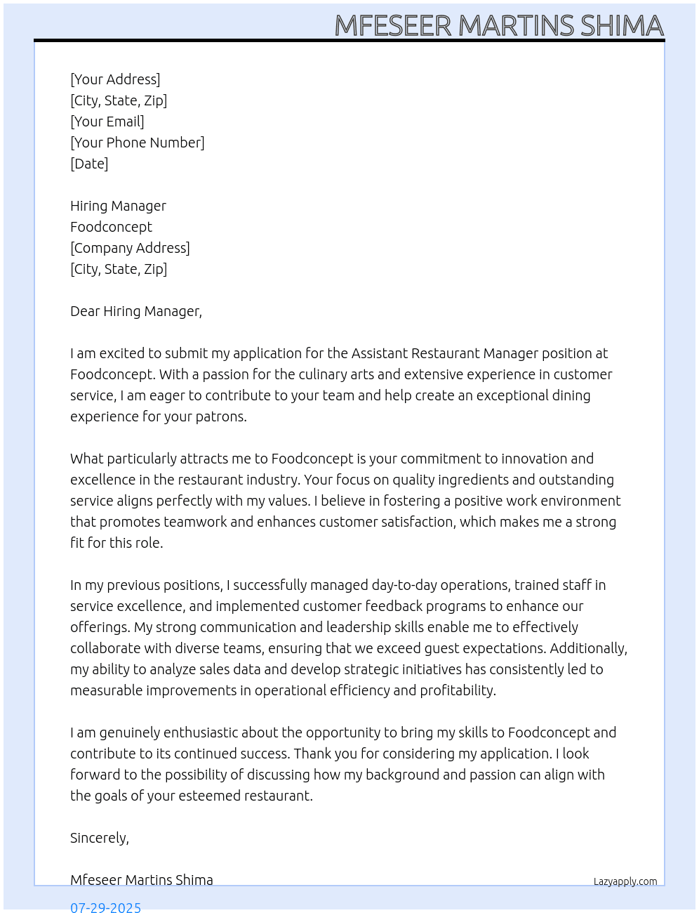 Assistant restaurant manager At Foodconcept Cover Letter