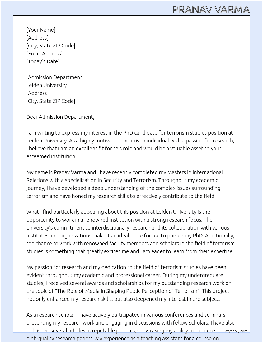 PhD candidate for terrorism studies At Leiden University Cover Letter