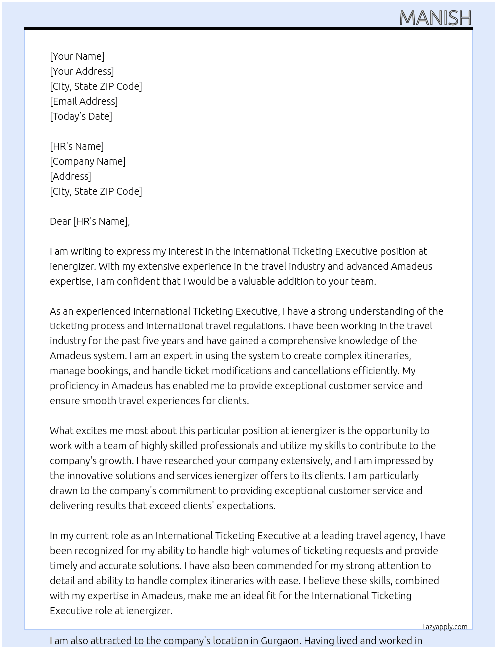 International Ticketing Executive At ienergizer Cover Letter