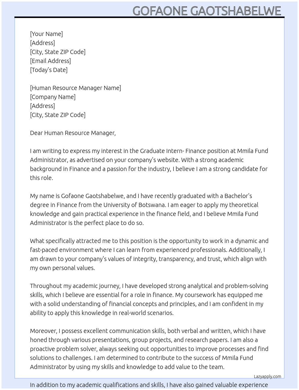 Graduate Intern- Finance  At Mmila Fund Administrator  Cover Letter