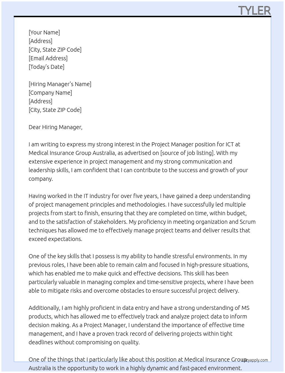 Project Manager - ICT At Medical Insurance Group Australia Cover Letter