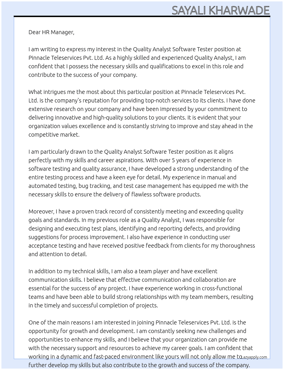 Cover letter for quality analyst software tester - LazyApply