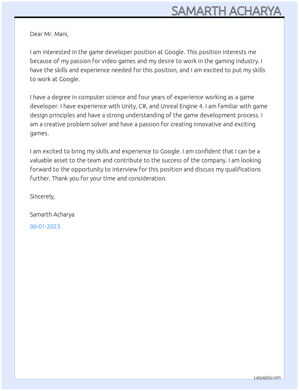 Game developer  At Google Cover Letter