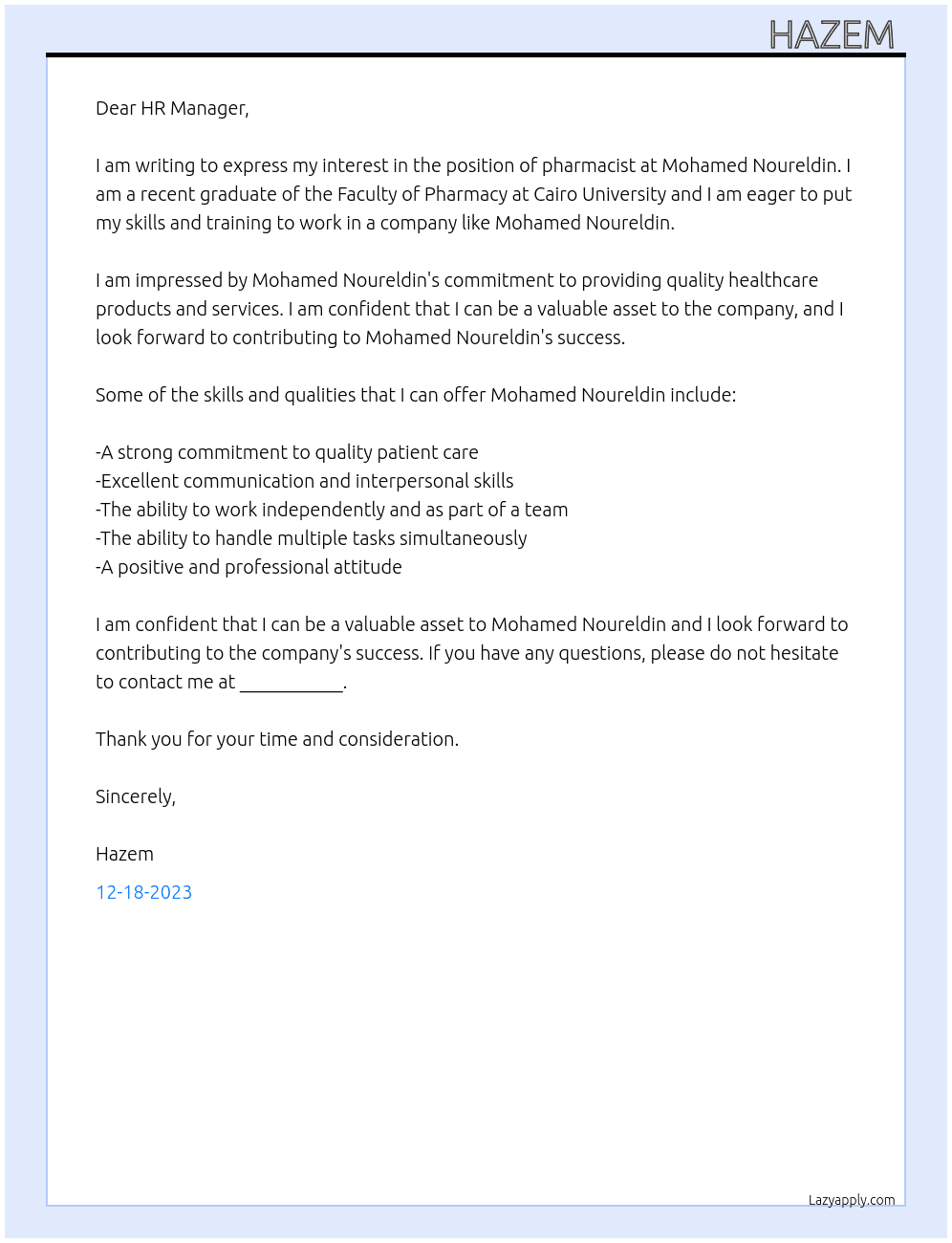 Pharmacist  At Mohamed Noureldin Cover Letter