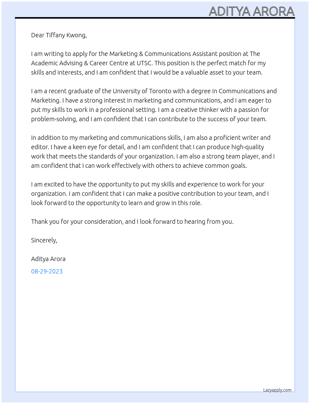 Marketing & Communications Assistant At The Academic Advising & Career Centre at UTSC Cover Letter
