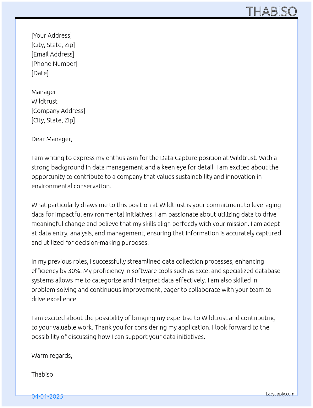 Data capture  At Wildtrust Cover Letter