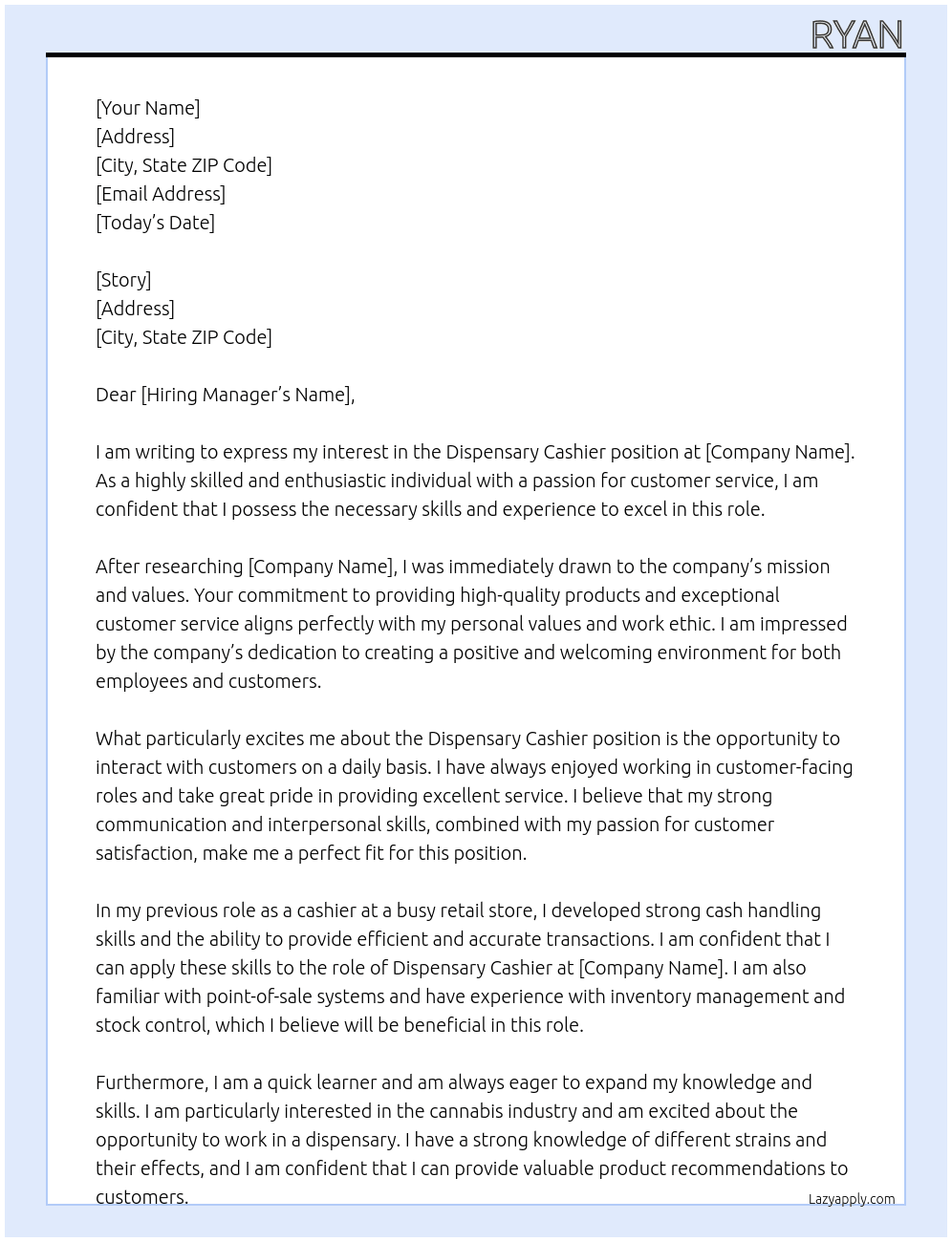 Dispensary cashier  At Story Cover Letter