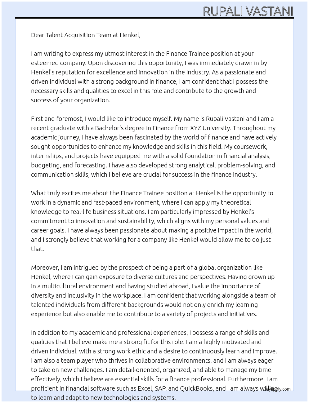 Finance trainee At Henkel Cover Letter