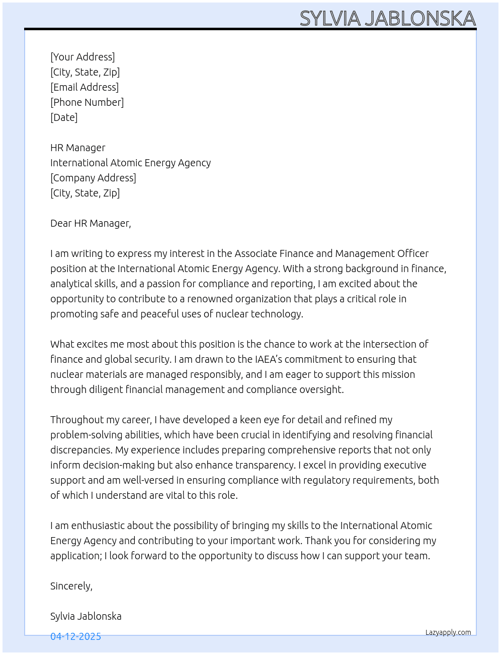 Associate Finance and Management Officer At International Atomic Energy Agency Cover Letter