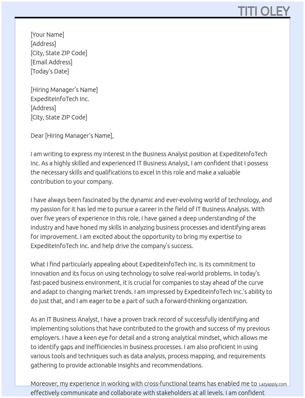 business analyst At ExpediteInfoTech Inc. Cover Letter