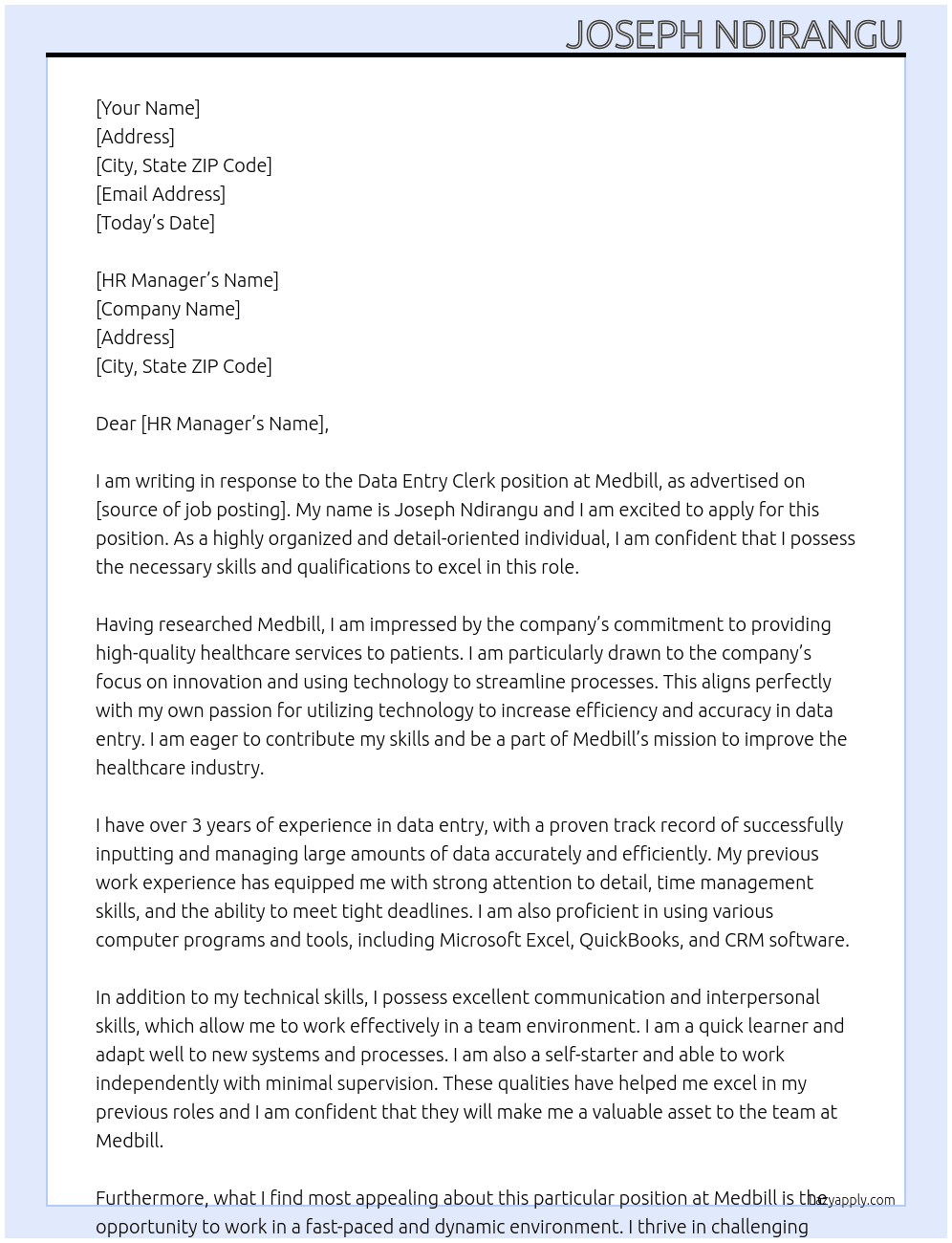 Data entry clerk At Medbill Cover Letter