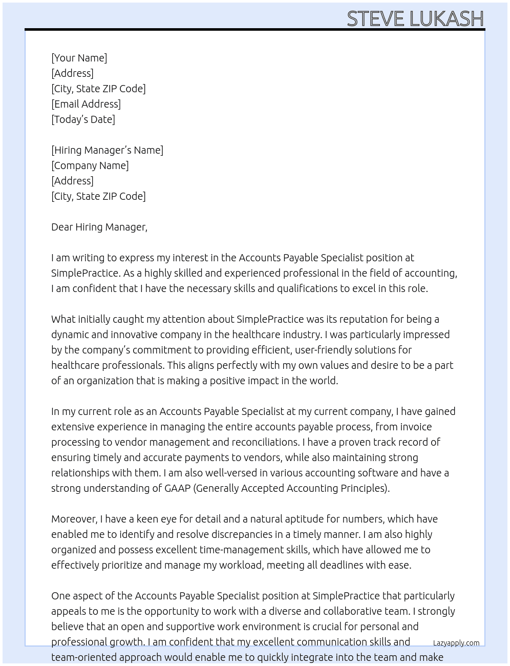 Accounts Payable Specialist  At SimplePractice Cover Letter