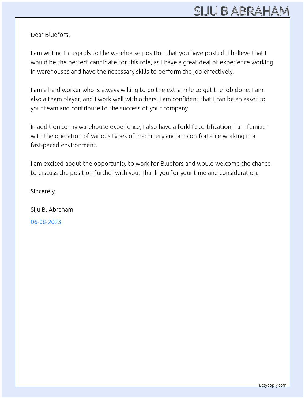 warehouse  At Bluefors Cover Letter
