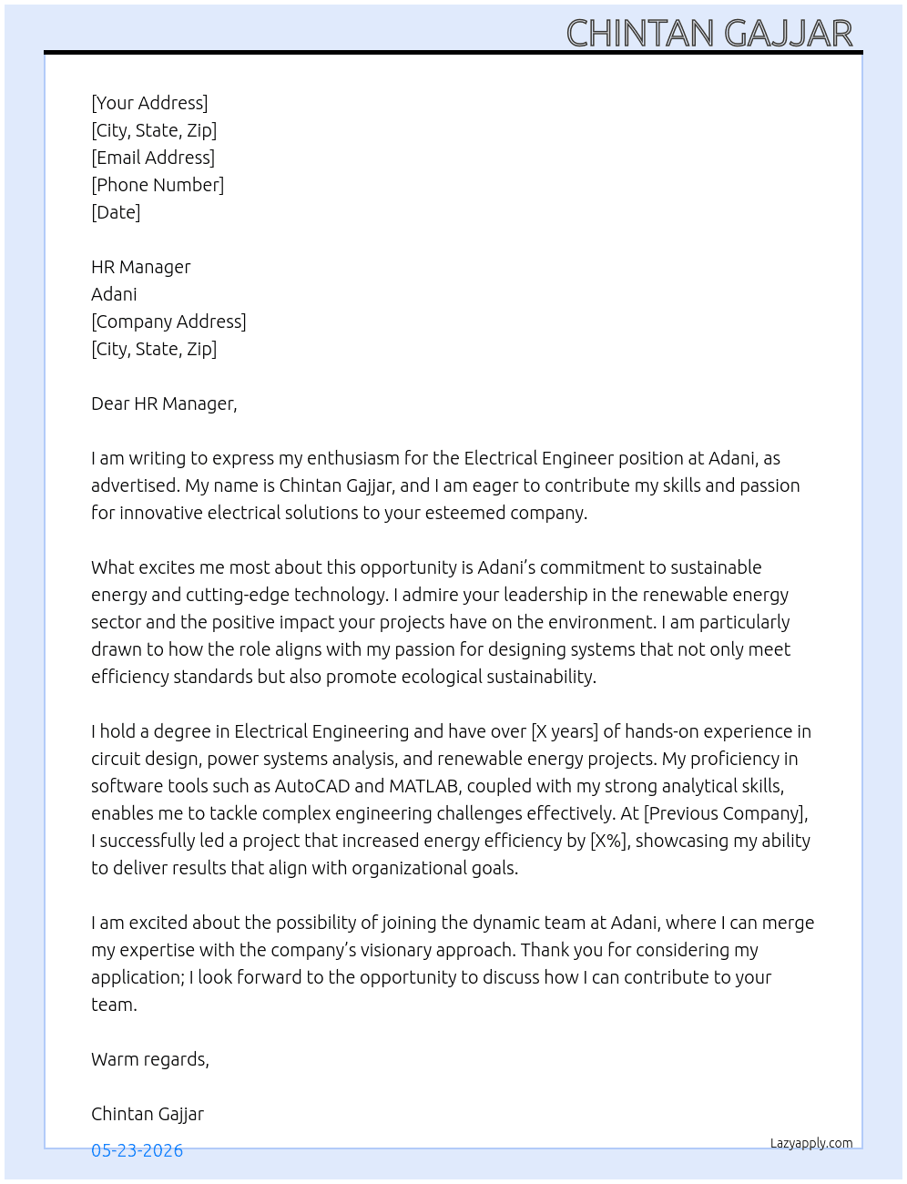 Electrical engineer  At Adani  Cover Letter