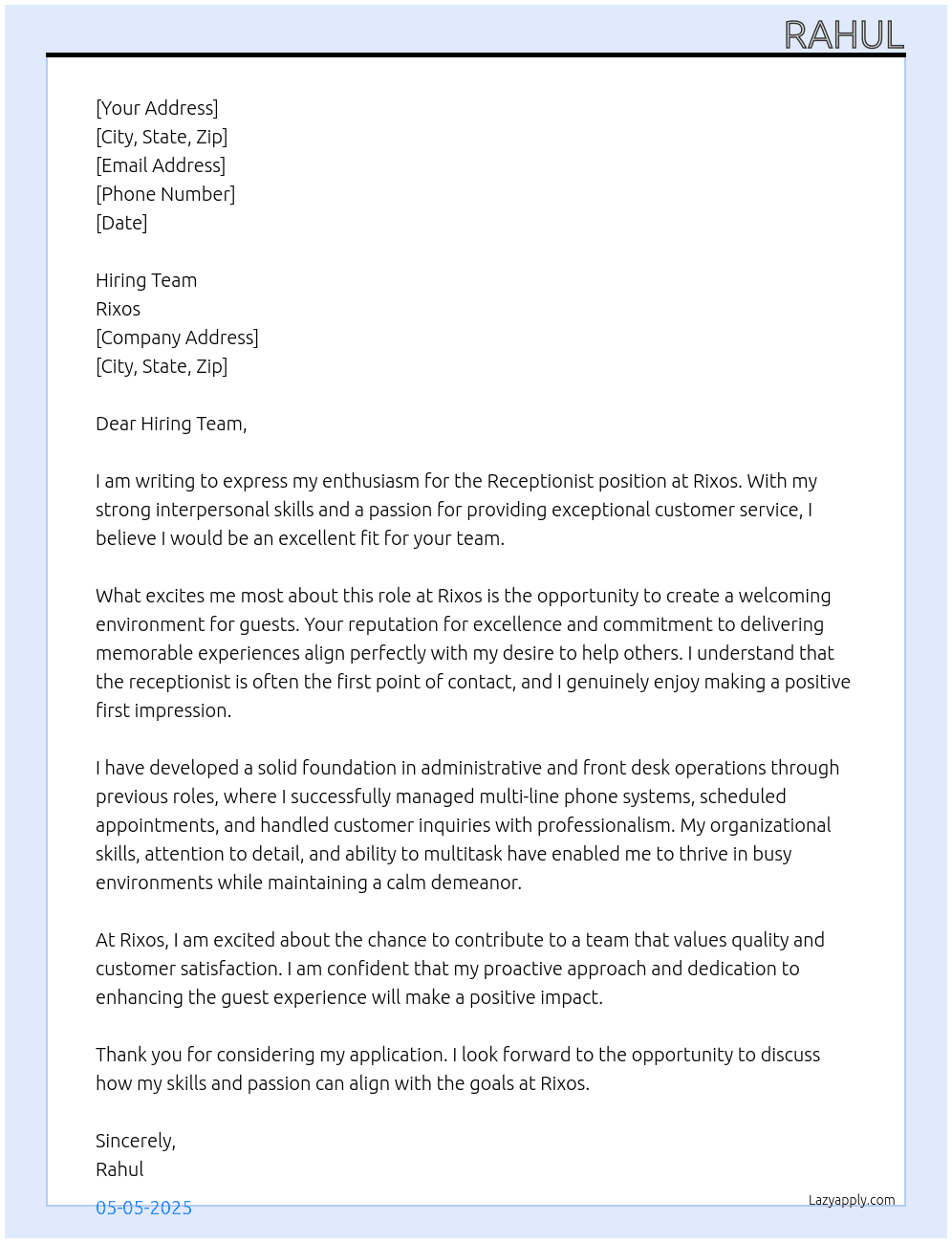 Receptionist  At Rixos  Cover Letter