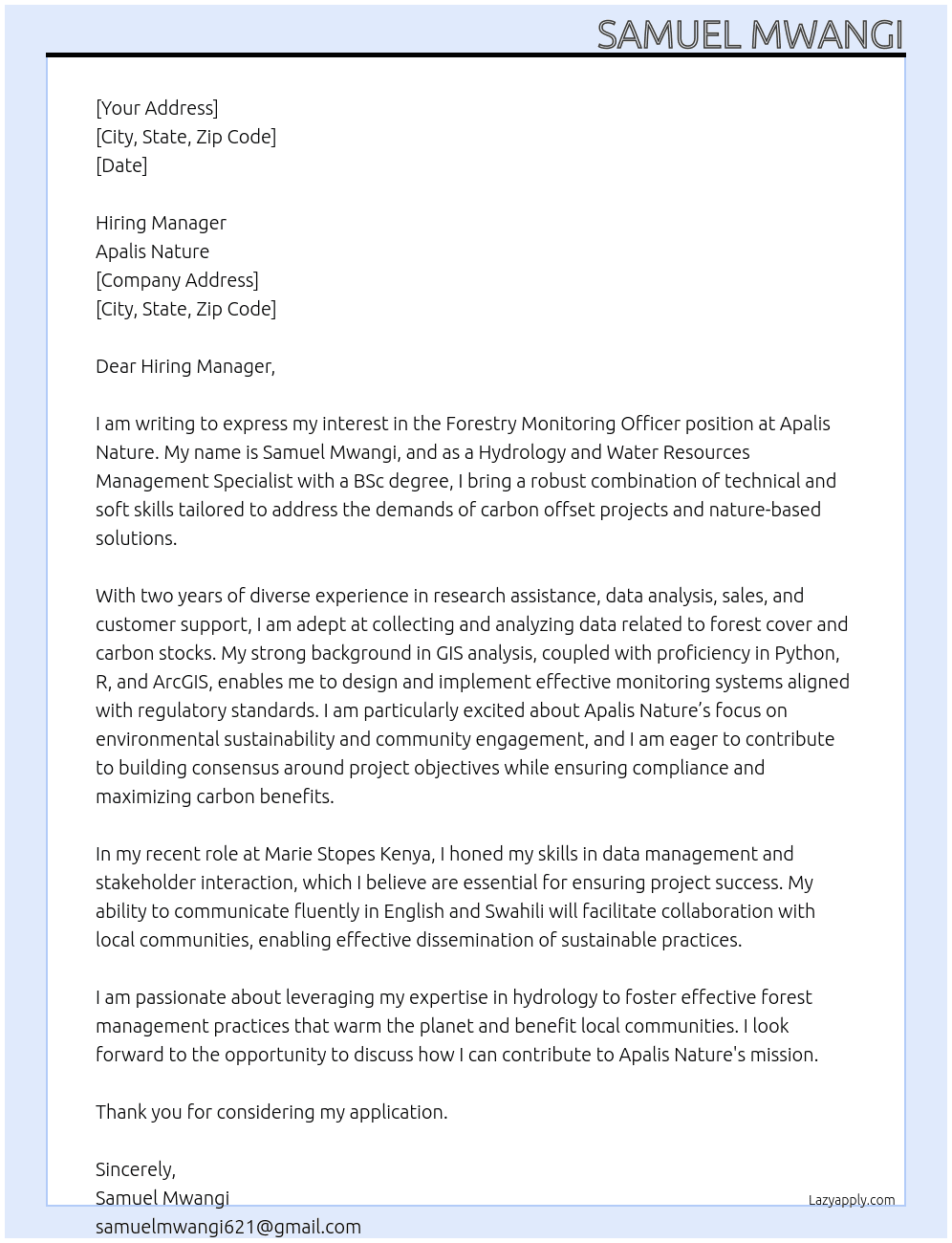 orestry Monitoring Officer At Apalis Nature Cover Letter