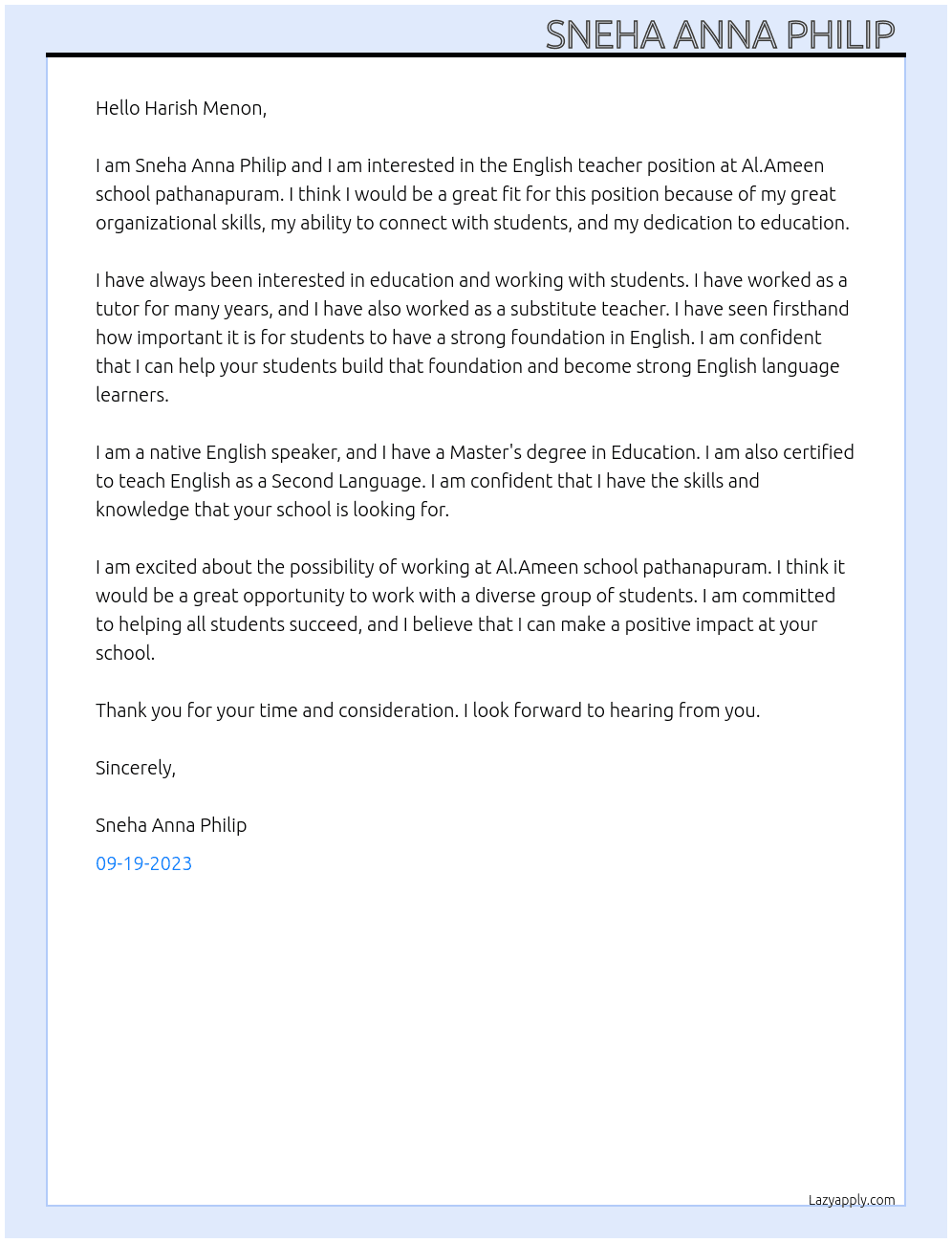 English teacher  At Al.Ameen school pathanapuram  Cover Letter