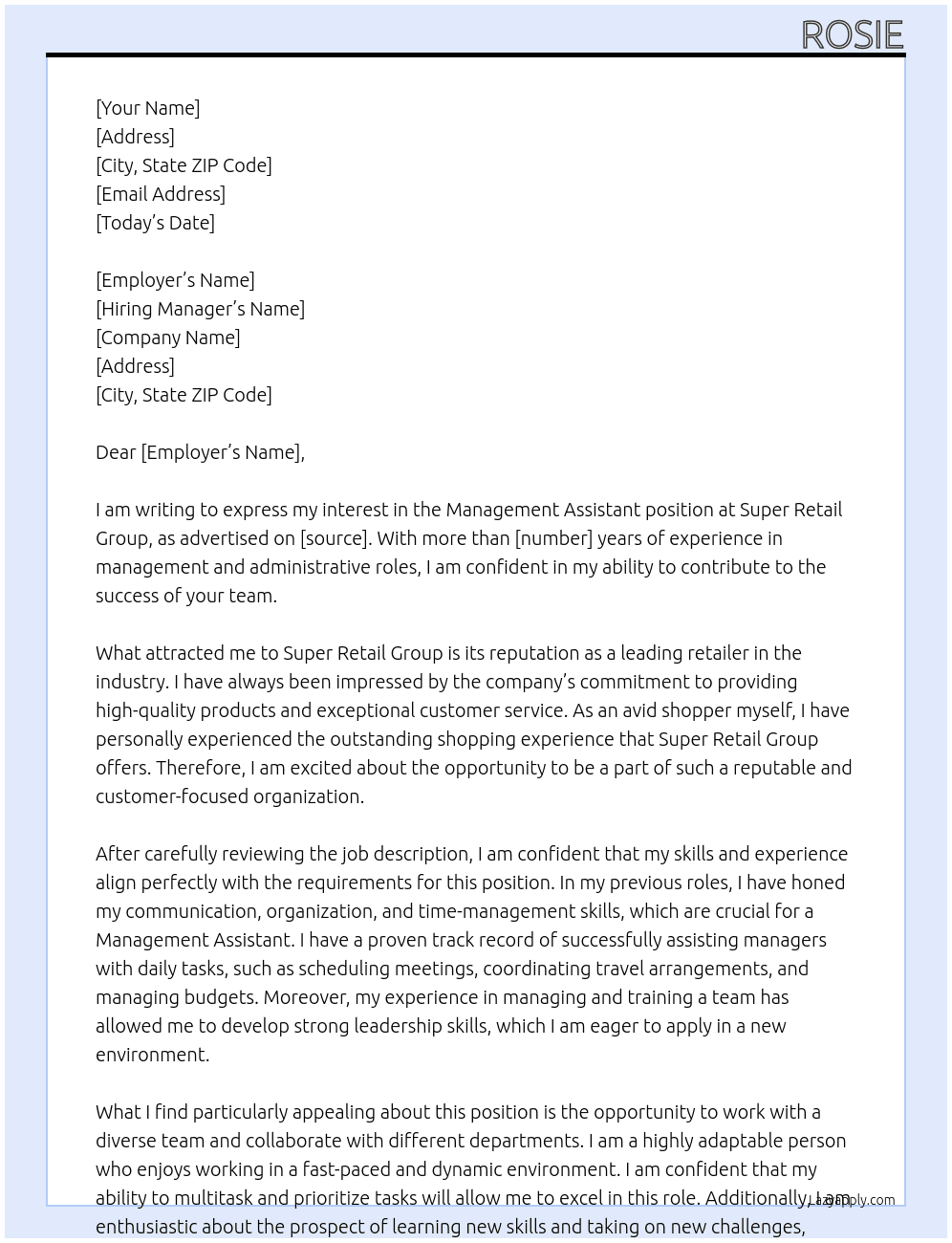 Management Assistant At Super Retail Group Cover Letter