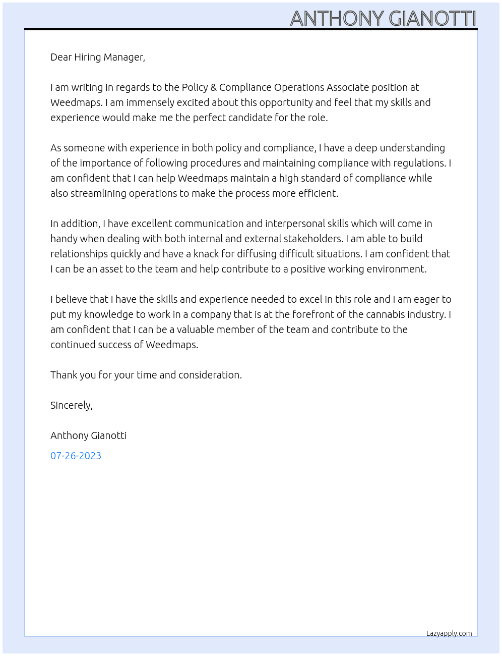 Policy & Compliance Operations Associate At Weedmaps Cover Letter