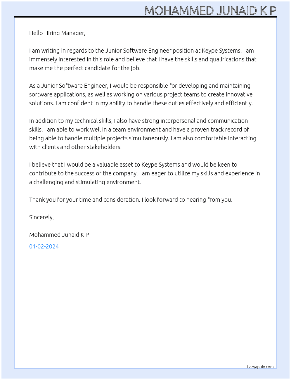 Junior Software Engineer At Keype Systems Cover Letter