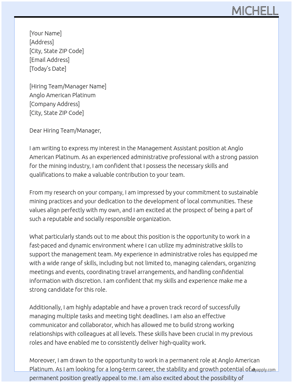 Management Assistant At Anglo American Platinum Cover Letter