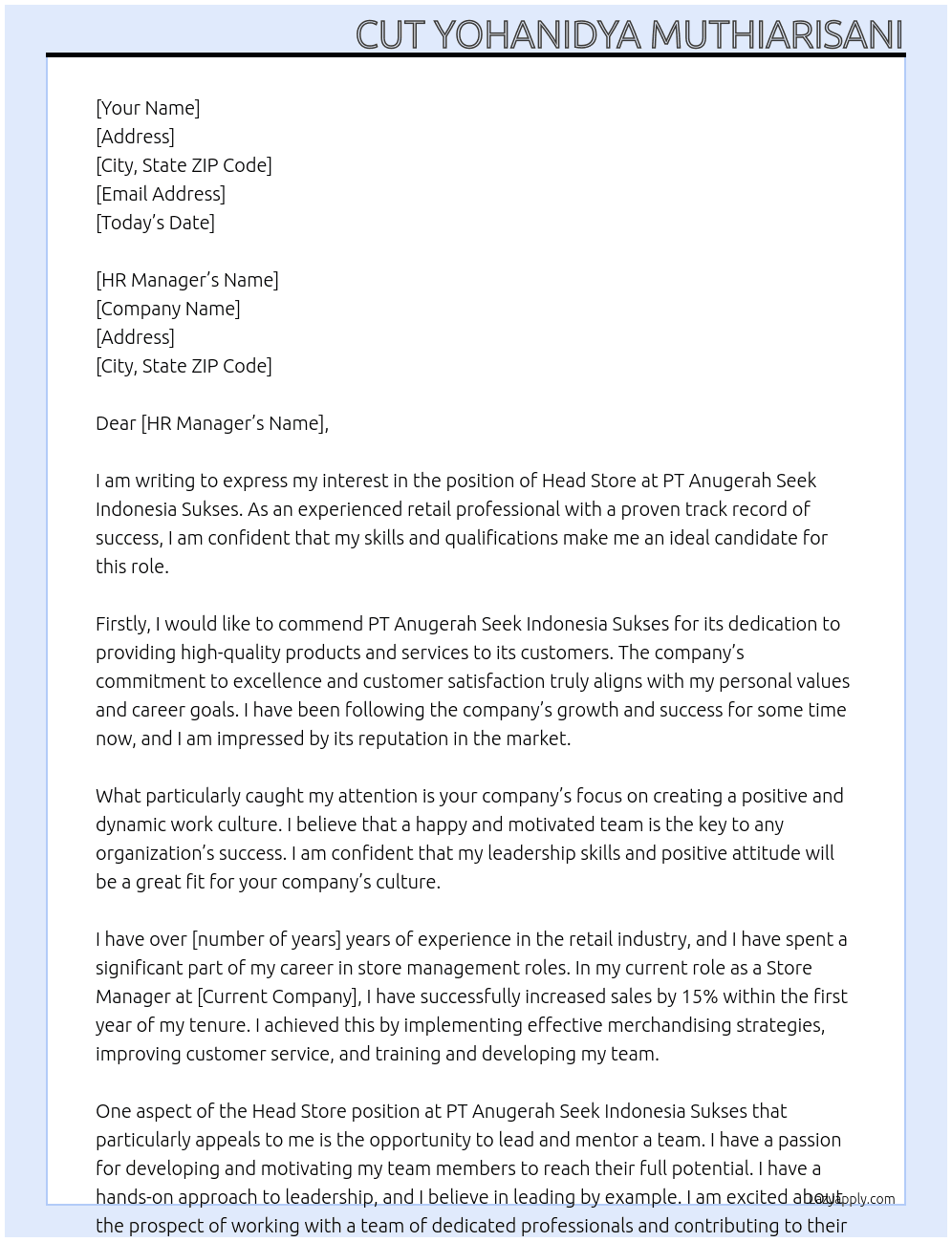 Head Store At PT ANUGERAH SEEK INDONESIA SUKSES Cover Letter