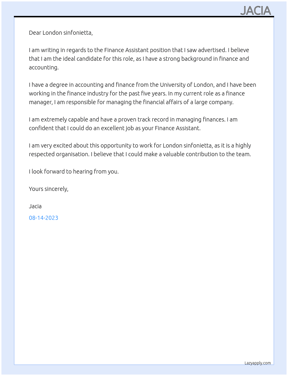 Finance Assistant  At London sinfonietta  Cover Letter