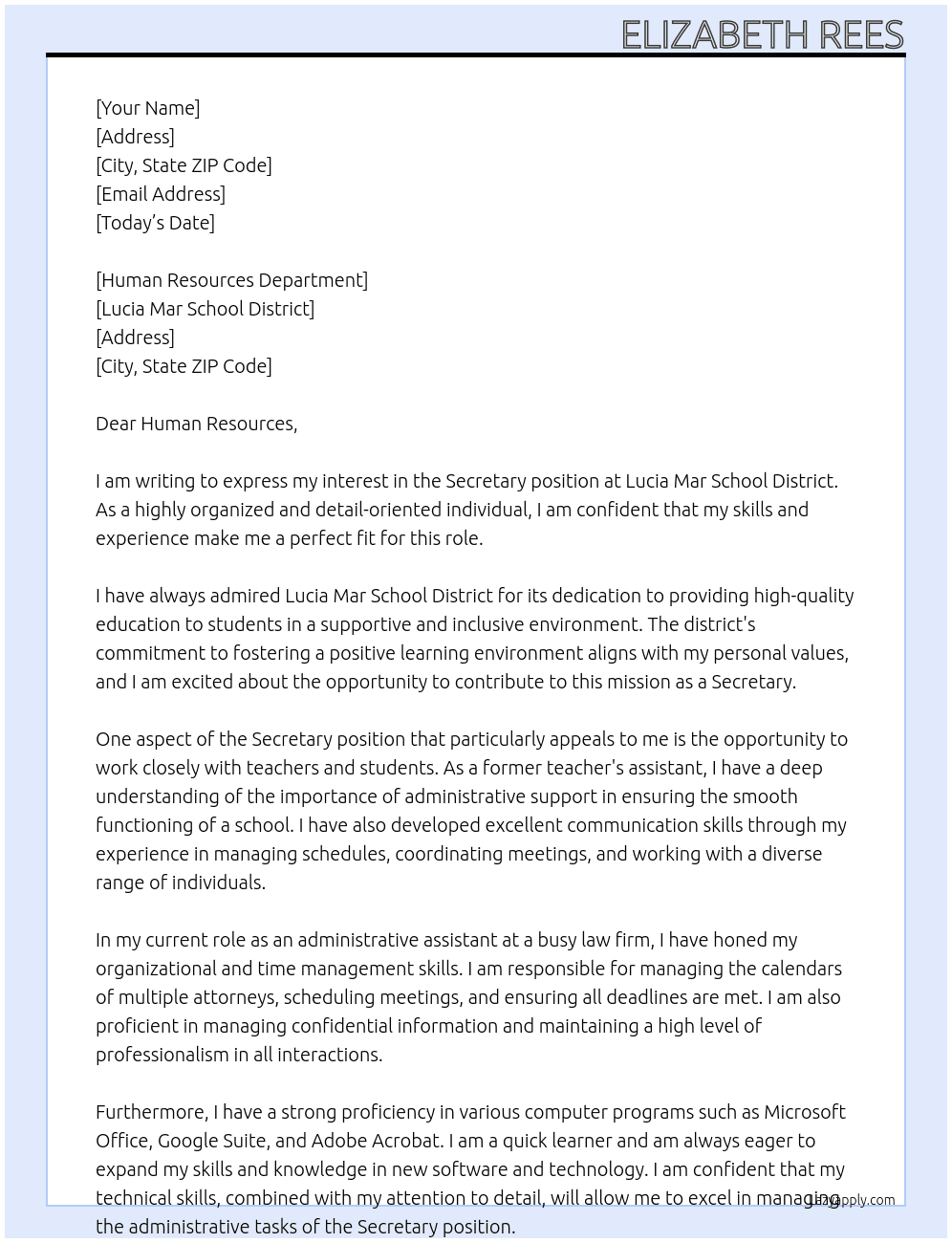 Secretary At Lucia Mar School District Cover Letter