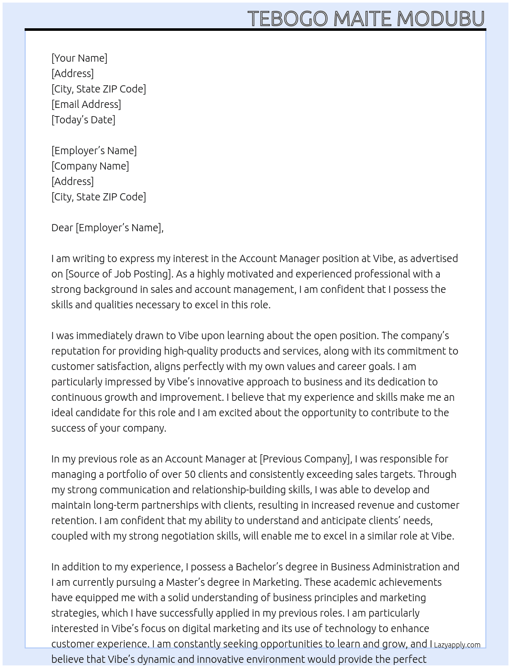 Account Manager At Vibe Cover Letter