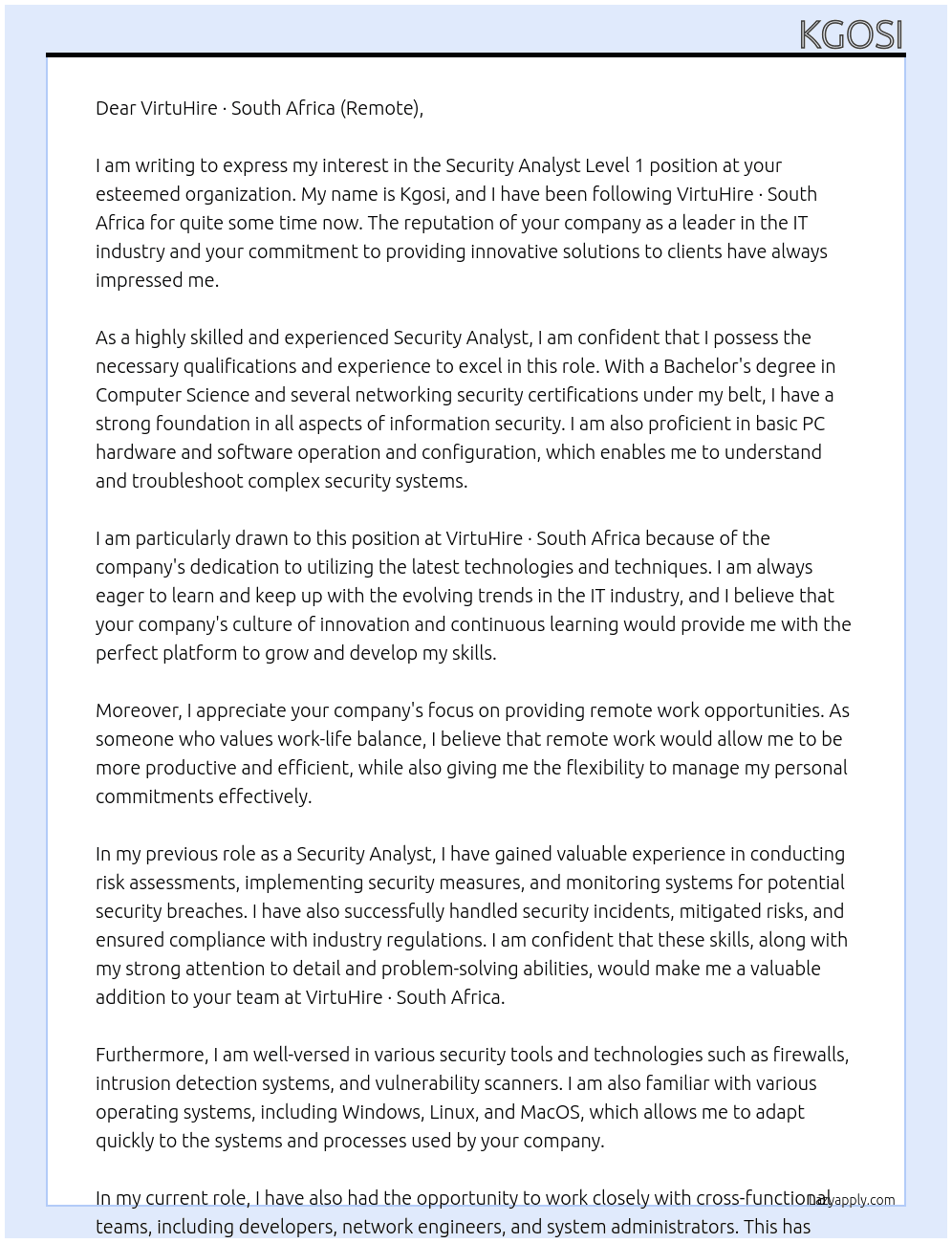 Cover letter for security analyst level 1 - LazyApply