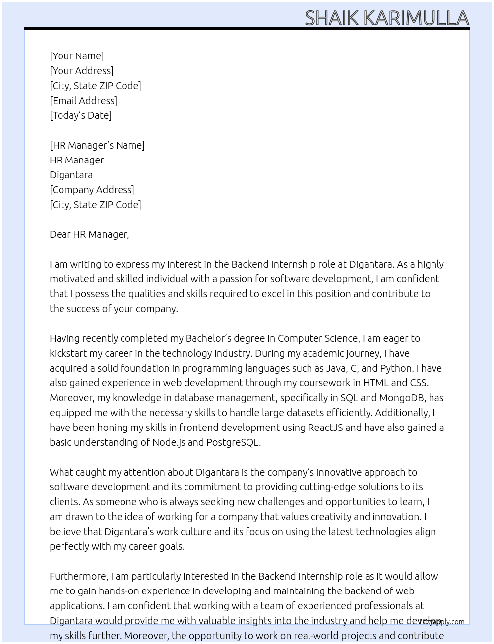 Backend  At Digantara  Cover Letter