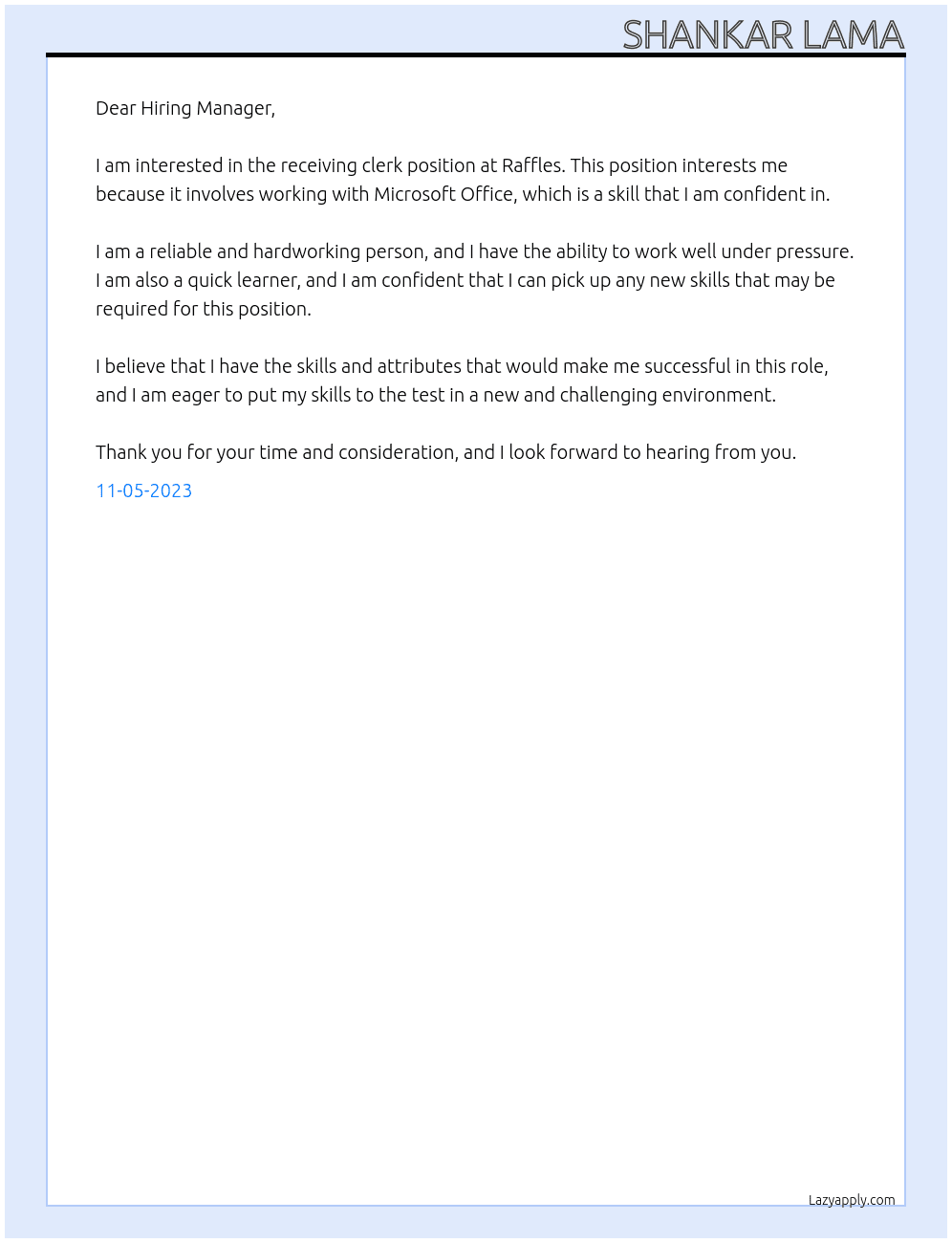 receiving clerk At Raffles Cover Letter
