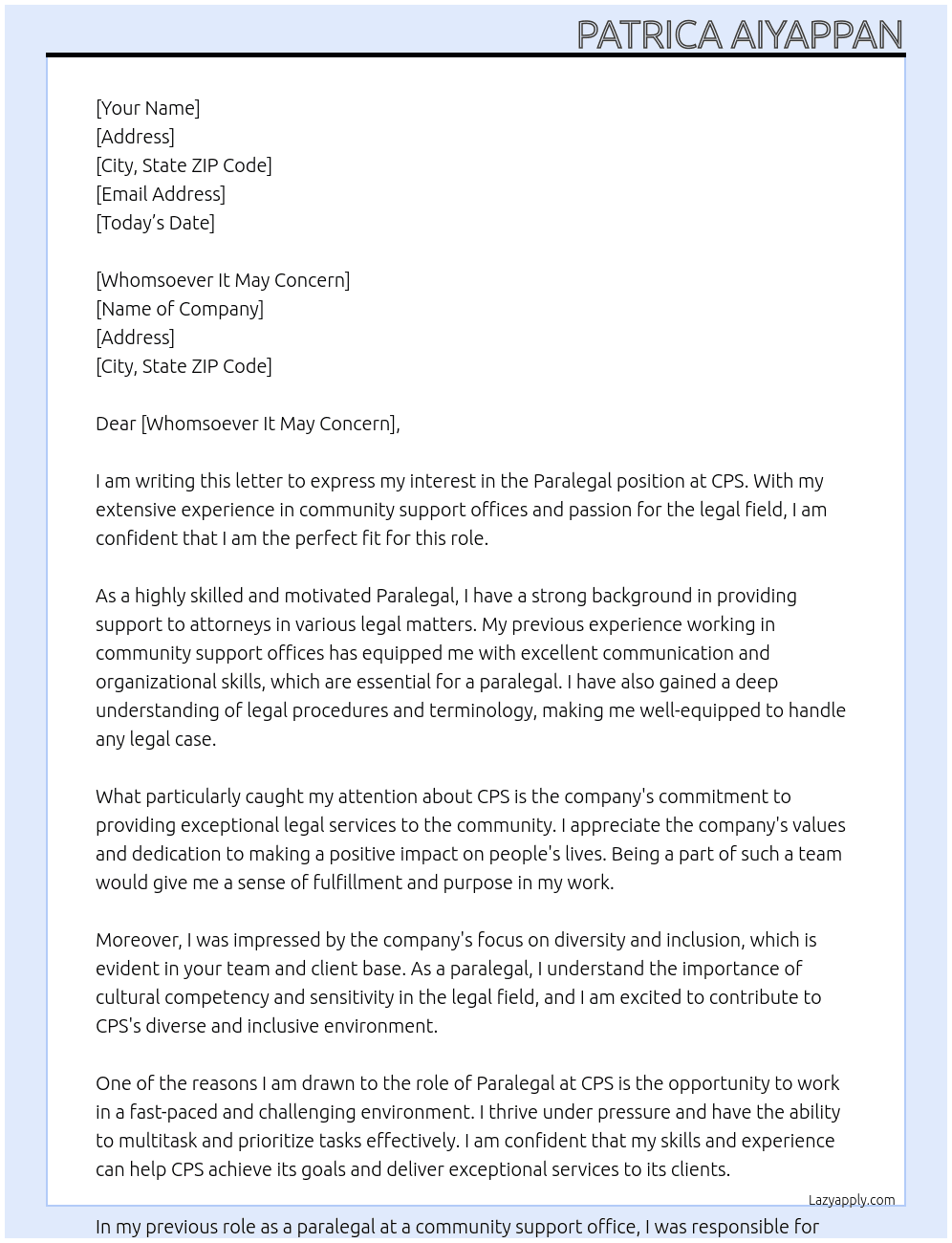 Paralegal At CPS Cover Letter