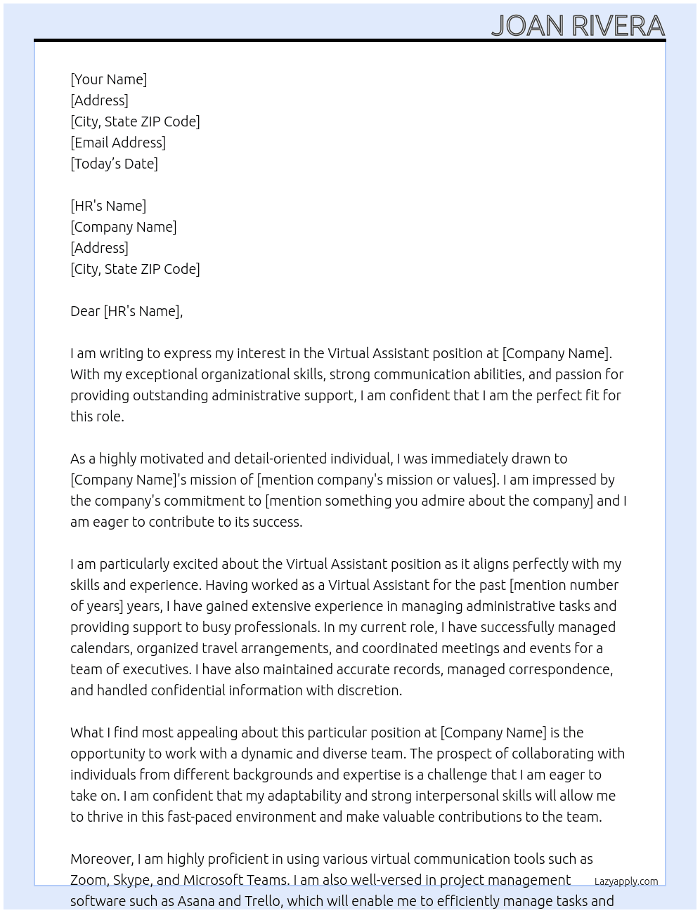 Virtual Assistant At Company Cover Letter